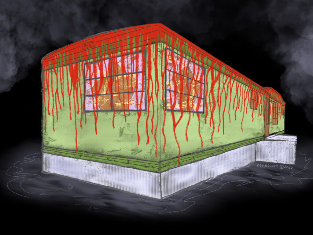Illustration of a single-wide mobile home from the 1970s that is dripping blood.